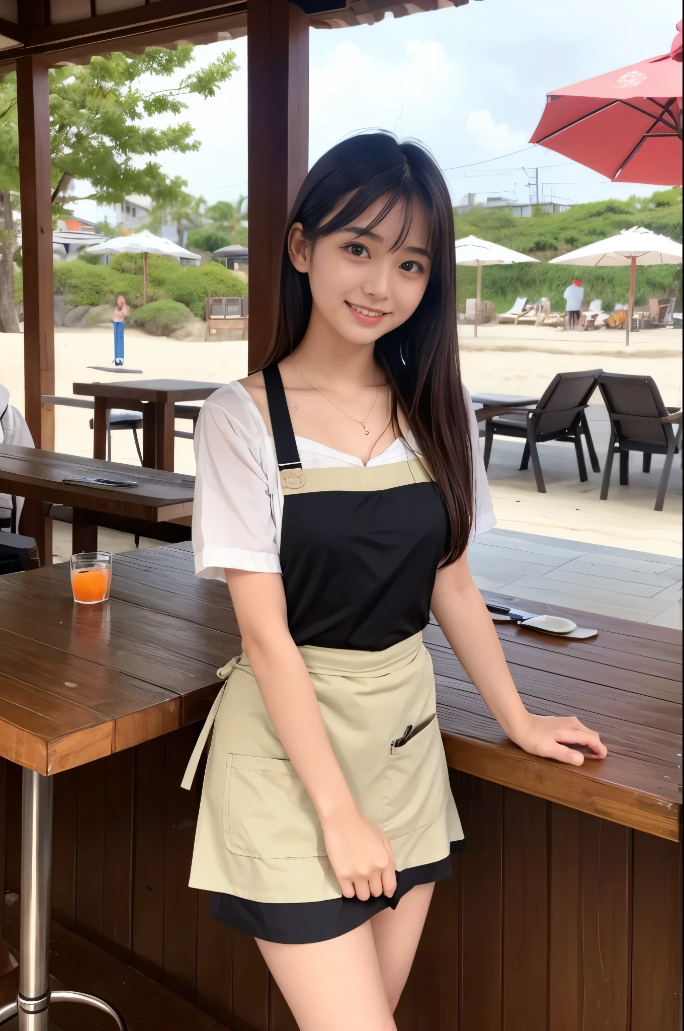 20 years old girl (Japanese cute face) is wearing apron, mini skirt at the beach bar with sunflower