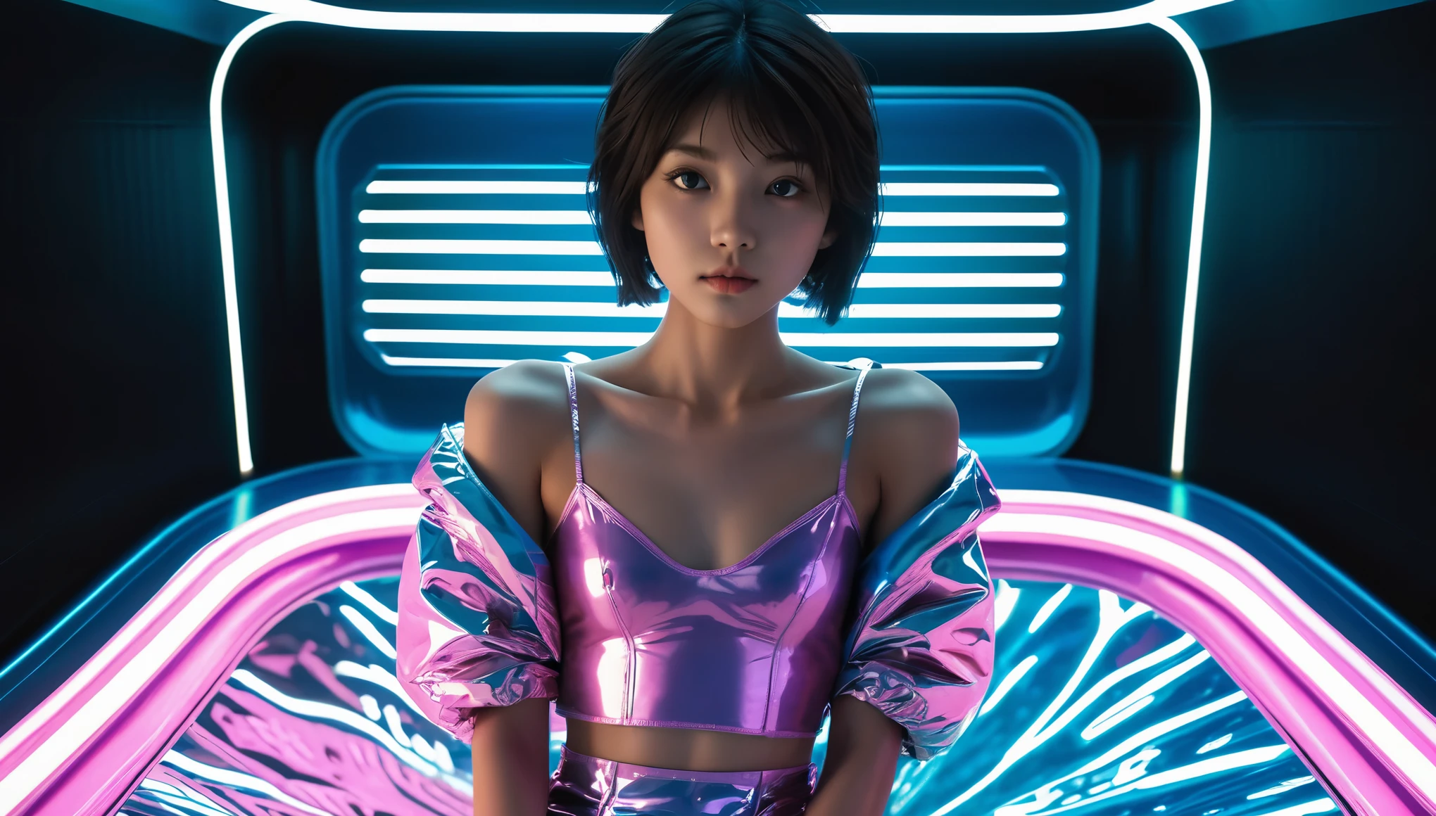 Ultra realistic photography, ultra detailed 16k, sharp photography, wide angle, full body, ((2 cute barely legal girls in light pink blue shiny puffer with plunging neckline, short sleeves, wide neckline, deep neckline, small perky breasts, extremely detailed face, detailed slightly open eyes, beautiful detailed lips, short side shaved hair style, small hips, slender body, very young)), in a spaceship, on bed, intricate details, at night, backlit, random neon color, full body shot, view from distance, random pose