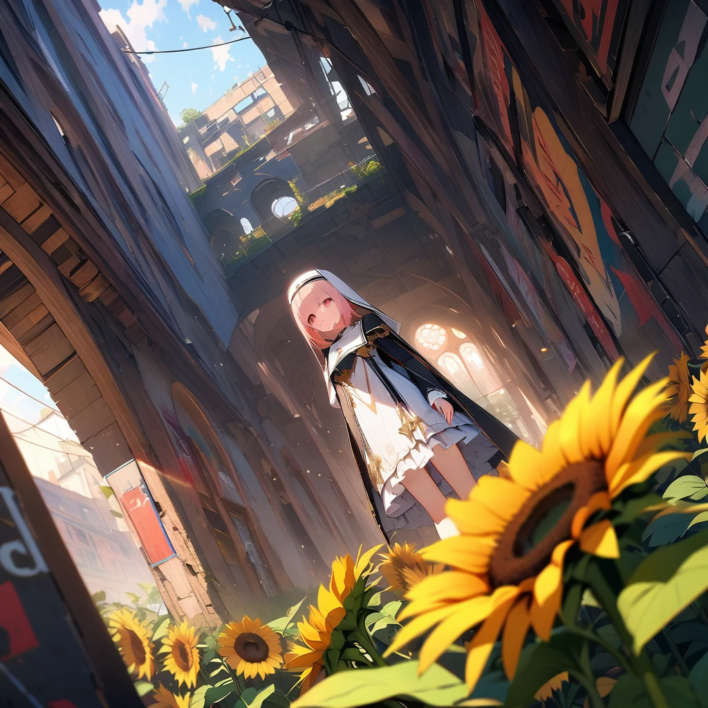 Two white and red robot angel nuns, underground shelter, ruins, sunflowers, detailed background, detailed writing, 4K, uhd, absurdes, ultra quality, masterpiece,quality\(8k,非常に精細なCGユニットのwallpaper, masterpiece,High resolution,top-quality,top-quality real texture skin,Surreal,Increase the resolution,RAW Photos,最高quality,Very detailed,wallpaper,Cinema Lighting,Ray-tracing,Golden Ratio\),Dynamic Angle