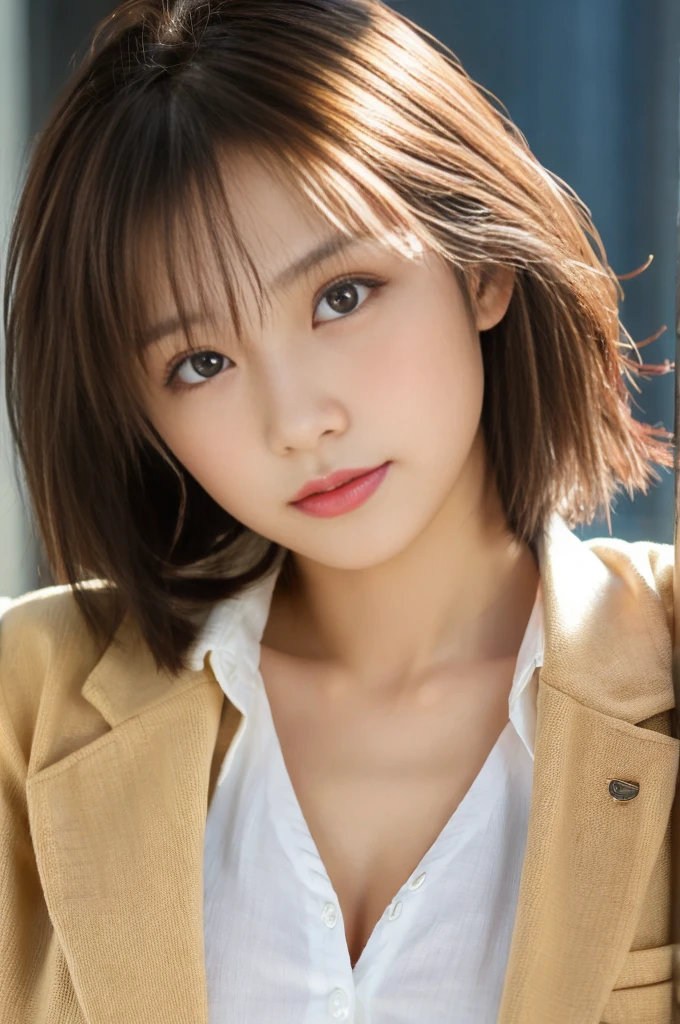 masterpiece, highest quality, High resolution, 8k, tabletop, wallpaper, realistic, bright lighting, professional lighting, face light, smooth lighting, Japanese woman, adult, Beautiful woman, was acted upon, gravure, sexy, poor, super beautiful, beautiful skin, beautiful and detailed eyes, detailed face, slim, medium breasts, short hair, brunette colored hair, brown eyes, look at the camera, high school girl, blazer, shirt