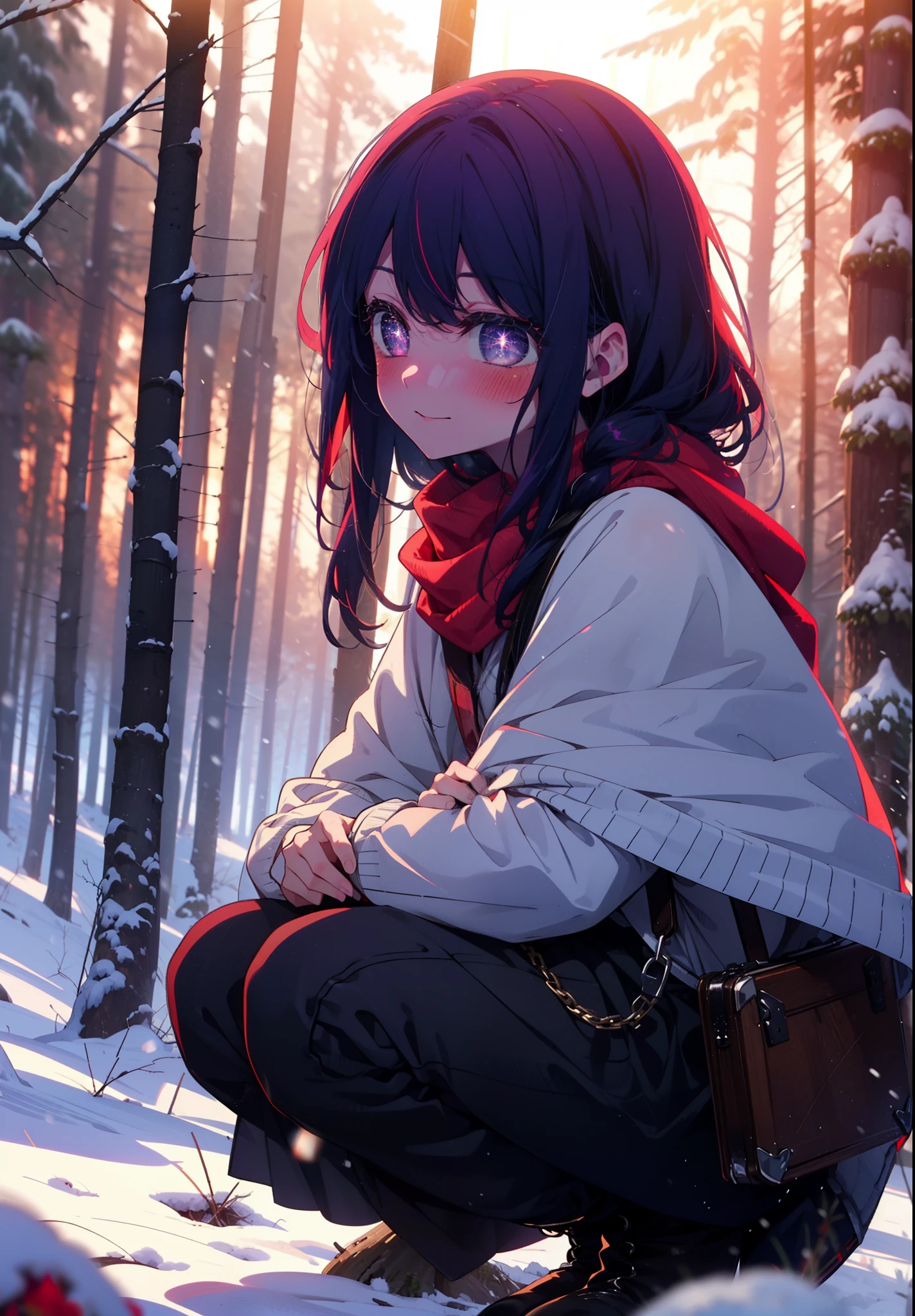aihoshino, Ai Hoshino, Long Hair, bangs, (Purple eyes:1.1), Purple Hair, (Symbol-shaped pupil:1.5), smile,,smile,blush,white breath,
Open your mouth,snow,Ground bonfire, Outdoor, boots, snowing, From the side, wood, suitcase, Cape, Blurred, , forest, White handbag, nature,  Squat, Mouth closed, Cape, winter, Written boundary depth, Black shoes, red Cape break looking at viewer, Upper Body, whole body, break Outdoor, forest, nature, break (masterpiece:1.2), Highest quality, High resolution, unity 8k wallpaper, (shape:0.8), (Beautiful and beautiful eyes:1.6), Highly detailed face, Perfect lighting, Extremely detailed CG, (Perfect hands, Perfect Anatomy),