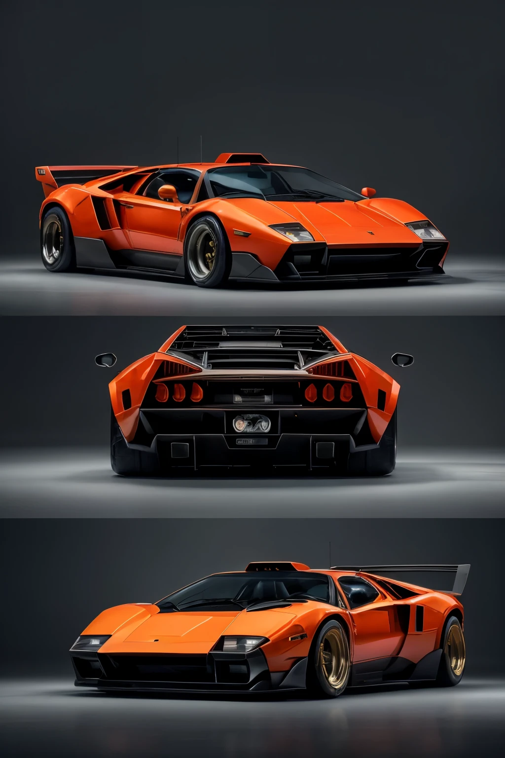 ((Fusion Lamborghini Countach and Ferrari F-40)), ((car model)), ((futuristic design)), ((Powerful engine)), ((aggressive lines)), ((Taller than the original Countach)), ((Features of the F-40)), ((Lamborghini Countach body)), ((Aerodynamic appearance of the F-40)), ((Pointed lights at the back)), ((ruedas más grandes que en la F-40)), ((luxury interior)), ((Diesel door design)), ((r