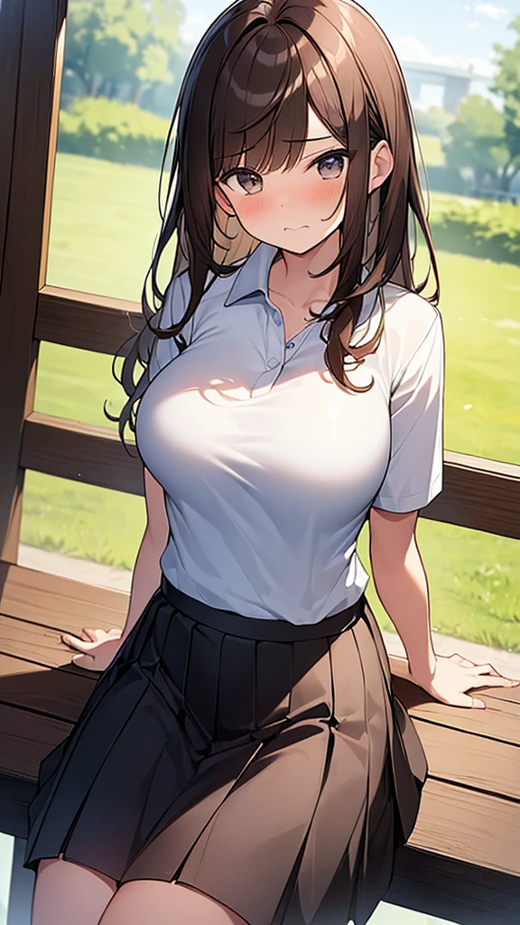 (Masterpiece, Top quality: 1.5), from above, (1 girl, solo :1.2),  (large breasts:1.4), cleavage:1.3, (short sleeve  polo shirt, Pleated skirt:1.4), standard weight, ( brown hair:1.4), (airy hair, wavy hair:1.3), long hair ,asymmetry bangs, swept bangs, junior high school student, angry:1.2, (flustered:1.4), beautiful scene of outdoor , dynamic pose, magnificent panorama view, sitting on the chair