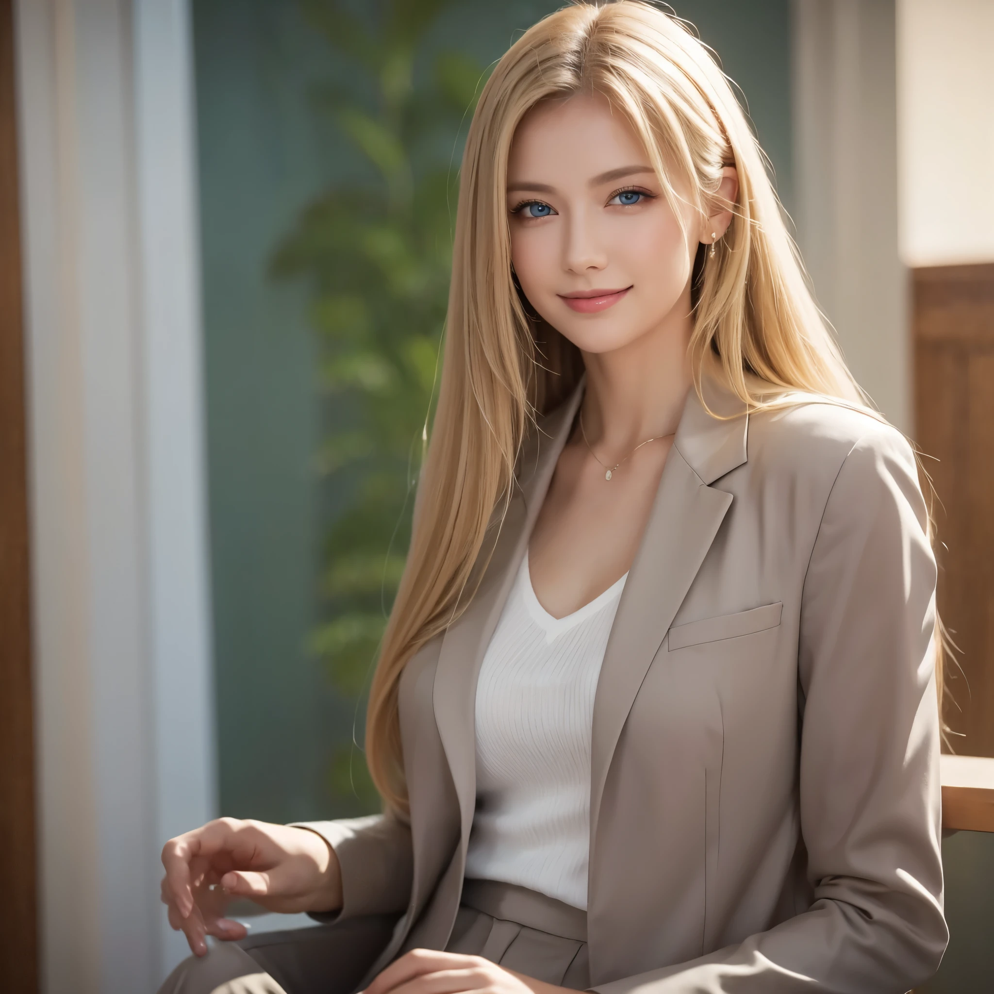 Blonde beauty, Nordic Beauty, smile, Shaggy Hair, ((suit,pants))