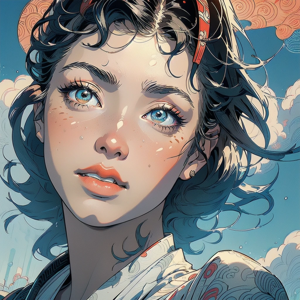 (((masterpiece, highest quality))),,(((solo:1.2))),(((1girl:1.2))),32k wallpaper, very detailed, poster, vintage science fiction,(((((portfolio))))),(((((Close-up))))),(((((bust up))))),((((more various angle)))),((((highlight)))),((((heterochromia)))),(((complete. detailed face))),(((detailed unlimited complete equipment : rail gun))),(((((Absolutely Realistic Clouds background))))),(((Texture for people : halftone))),((Open your mouth wide)),(((((Wind God and Thunder God))))),(((Ukiyo-e)))