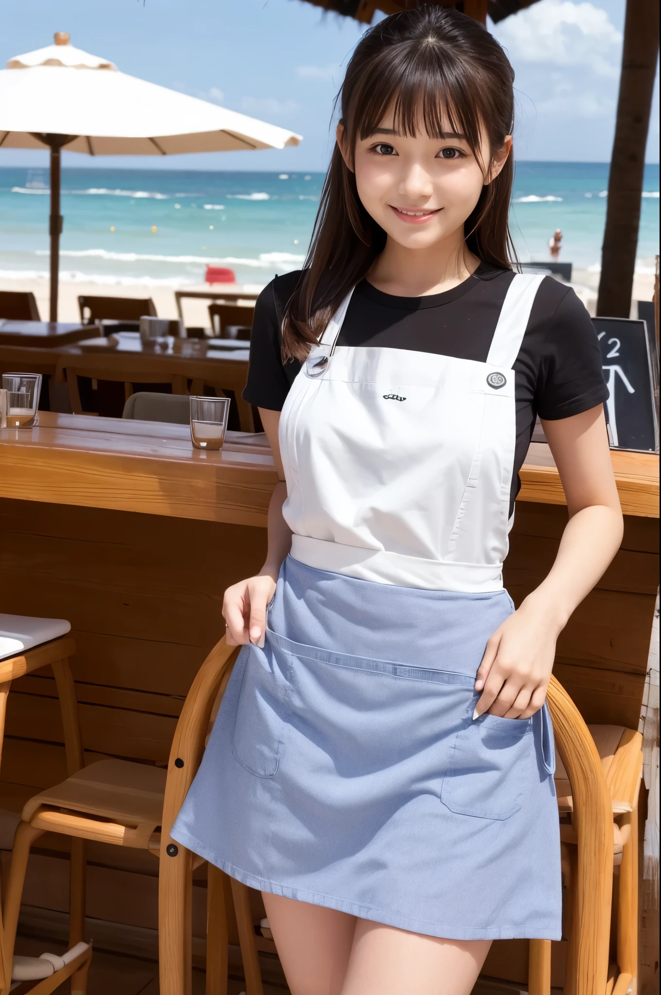 20 years old girl (Japanese cute face) is wearing apron, mini skirt at the beach bar