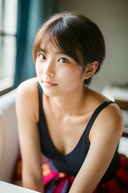 lens: 135mm f1.8,(Highest quality),(Tabletop:1.1), (Beautiful 14 year old Japanese girl),  (Moisturized lips), Narrow eyes, double eyelid,Delicate clavicle,Flat Chest,Shortcuts,  shame, A faint smile,
(Spotted sunlight:1.2), Dramatic lighting, 
(strapless white camisole), (Sunburned skin:0.2),Full body photo、Full Body Focus