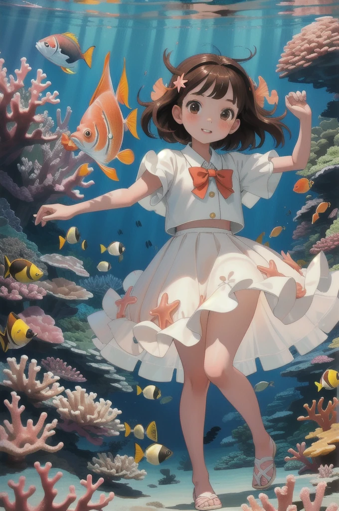 high quality, masterpiece, 8Year old girl, Brown Hair, White dress, In the water, Coral Reef, fish, Skirt flipped up、