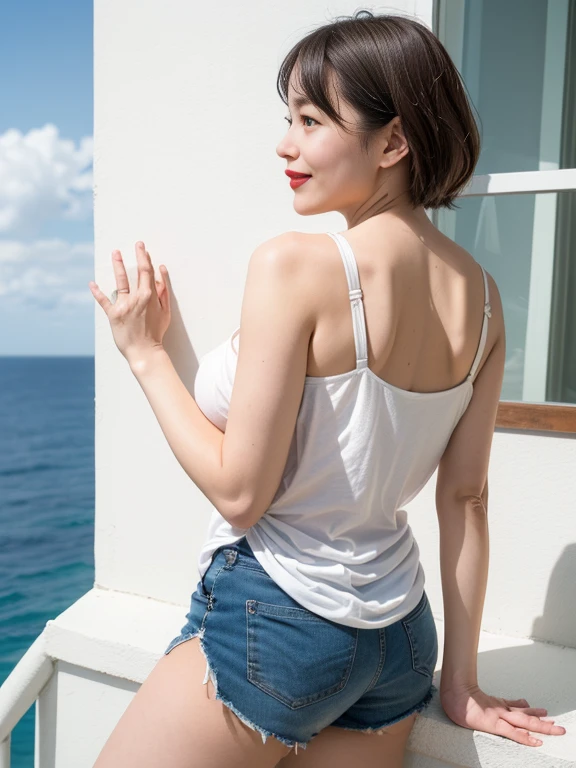 ((Exposing shoulders)), ((Ample breasts)), ((The skirt is short)), ((Sexy Legs)), ((whole body)),practical, Stylish girl,1girl,sexy pose,best quality,masterpiece,illustration,an extremely delicate and beautiful,CG,unity,8k wallpaper,Amazing,finely detail,masterpiece,official art,extremely detailed CG unity 8k wallpaper,incredibly absurdres,huge filesize,ultra-detailed,highres,extremely detailed,beautiful detailed girl,realistic,outdoors,light contrast,(White tee shirt、Shorts,、Red lipstick、Looking from below、smile、Watching from behind、(Ocean、Ocean岸で歩いている)、Short Hair