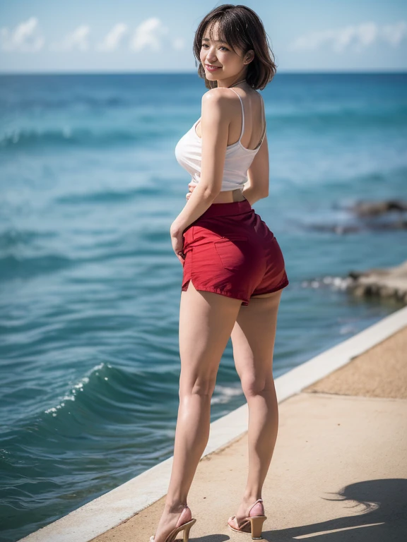 ((Exposing shoulders)), ((Ample breasts)), ((The skirt is short)), ((Sexy Legs)), ((whole body)),practical, Stylish girl,1girl,sexy pose,best quality,masterpiece,illustration,an extremely delicate and beautiful,CG,unity,8k wallpaper,Amazing,finely detail,masterpiece,official art,extremely detailed CG unity 8k wallpaper,incredibly absurdres,huge filesize,ultra-detailed,highres,extremely detailed,beautiful detailed girl,realistic,outdoors,light contrast,(White tee shirt、Shorts,、Red lipstick、Looking from below、smile、Watching from behind、(Ocean、Ocean岸で歩いている)、Short Hair