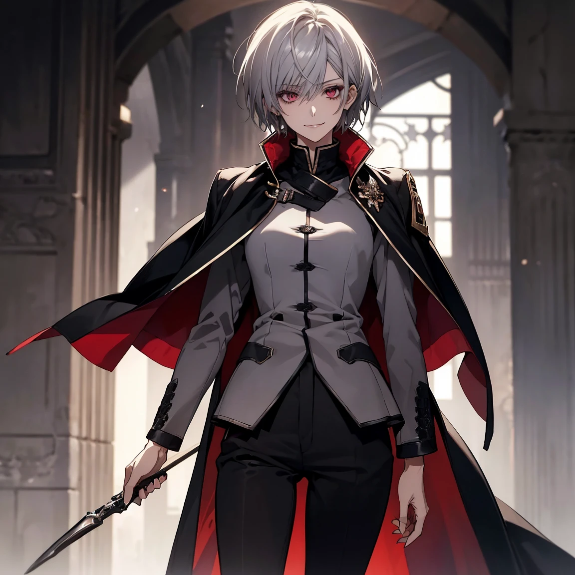 (Confused, High resolution, Very detailed), 1 female, Silver Hair,Shortcuts,Short Hair,Crimson Eyes,uniform,24th generation,beauty,mature,thin,quiet,Calm,A small smile,A kind smile,In front of people you like,Cape coat,Slender and thin,boots,skinny pants,Sea at dawn,Small breasts,