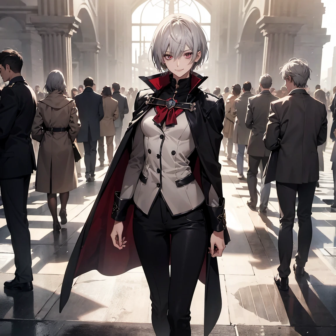 (Confused, High resolution, Very detailed), 1 female, Silver Hair,Shortcuts,Short Hair,Crimson Eyes,uniform,24th generation,beauty,mature,thin,quiet,Calm,A small smile,A kind smile,In front of people you like,Cape coat,Slender and thin,boots,skinny pants,Sea at dawn,Small breasts,