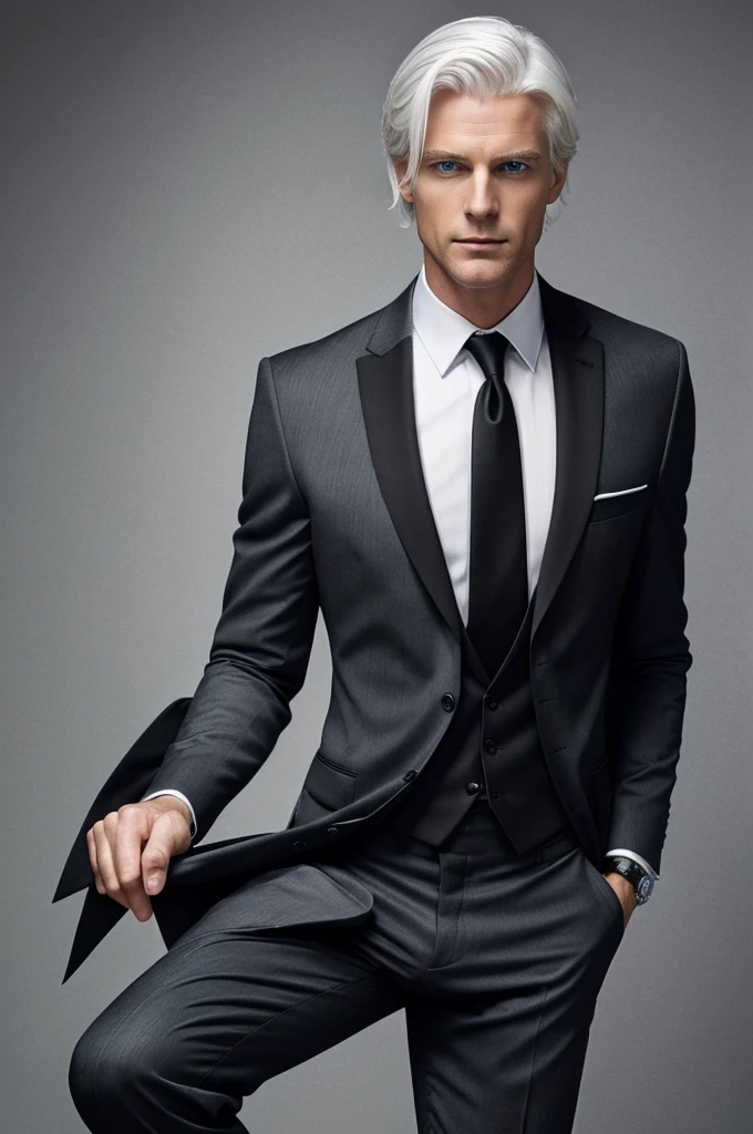 A detailed image of man White hair, long neck, wear a black suit, gray pants, long legs, have a blue tie, blue eyes, bright white irises, wear black gloves, on the wrist, with sharp points, on the bottom, on the left, on the right, with a pocket on the pants.