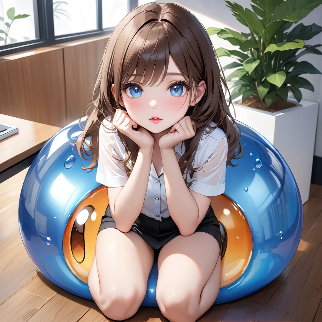 Highest quality, masterpiece, Ultra-high resolution, Realistic:1.2, RAW Photos, Intricate details, Portraiture,　Big beautiful blue eyes:1.2, Perfect contours, Girl, break　((full body:1.2, facing viewer,  upturned eyes:1.2)), ((petite, short, tiny girl:1.2)), Brown Hair、Long Hair, (makeup:1.2, parted mouth, full lips:1.3, pink lips:1.2, shiny lips:1.2), ((Top notch receptionist:1.2)), (Light yellow jacket、Luxurious white silk shirt:1.2,  Luxury high heels), BREAK ((He is sitting on the reception desk with his chin resting on his hands.、I kill time by kneading slime with my hands.:1.2)), ((The background is the reception desk of a top company., Stylish desk、Modern walls、Foliage plant))、