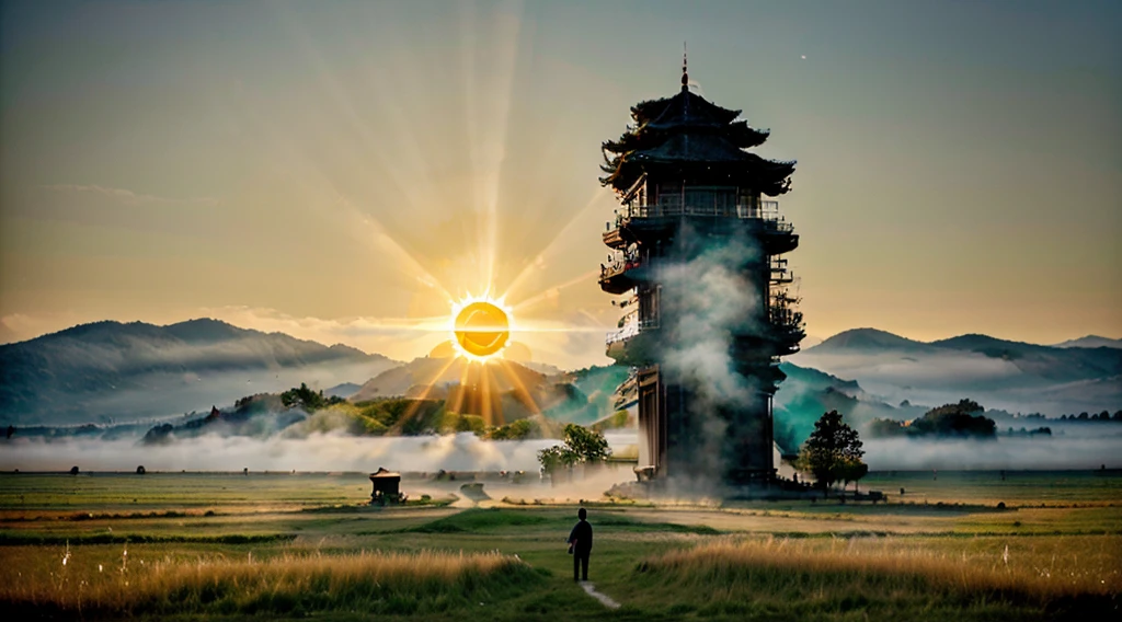 a white road in the middle of a multicolored field, ((((giant sun)))),Wavy green grass, ((Tai Chi)),,An ultra-fine and detailed painting by Daren Bader, Shutterstock Contest Winner, Neoromanticism, Soft fog, Made of fog, deviantart,Fujifilm XT3,por Steve McCurry, by Alessio Albi, Por Lee Jeffries, por Herb Ritts, by Jeremy Man，Unlikely, clean, wide view, Commercial Photography