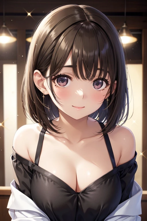anegasaki nene、Shiny brown hair, short hair, (Beautiful brown eyes、Sparkling eyes, Fine grain)、smile、Ultra-detailed eyes、Highly detailed face, Highly detailed eyes,
Skin-tight black top:1.2, View your viewers, Cinema Lighting, perfection, Soft Light, High Resolution Skins:1.2, Realistic skin texture, 、Small face、No makeup、, Off the shoulder,Bust B cup、Small cleavage, Hair Bun,Bold Pose、Geometric background