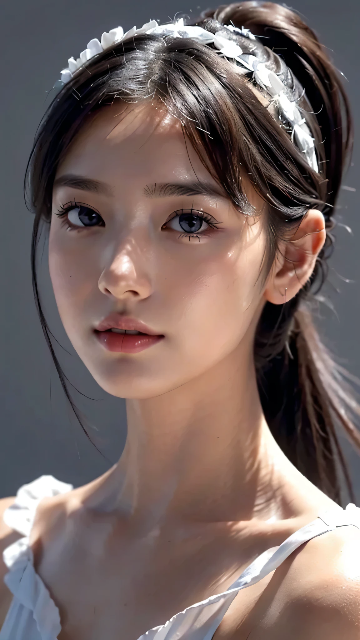 Close up face,Orange Sleeveless Dress Style,Frilly dress,ruffled edges, layered,Accessories: Flower hairpiece, ribbon, fitted body,Commercials for luxury cosmetics style,Commercial filming studio,The background is all gray,Body in front,fully body photo,masutepiece, The highest image quality, High quality, the background is clear,Beautiful woman, Japanese, Detailed, Ultra-detailed, finely detail, hight resolution, 8K Wallpaper, Perfect dynamic composition, Beautiful detailed eyes ,Detailed eyes, Detailed skin, Beautiful skin, 超hight resolution, (reality: 1.4),Very beautiful woman, Slightly younger face, Beautiful skin, slender, (Ultra photo realsisim), (hight resolution), (8K), (Very detailed) (beautifully detailed eyes), (super detailed), (Detailed face), view the viewer, Fine details, Detailed face, Staring straight ahead, Staring straight ahead, photos realistic, Bright lighting, Professional Lighting, Black hair,poneyTail,a baby face,sixteen years old,Hairstyle: ponytail,Long ponytail hairstyle,slight smile,
