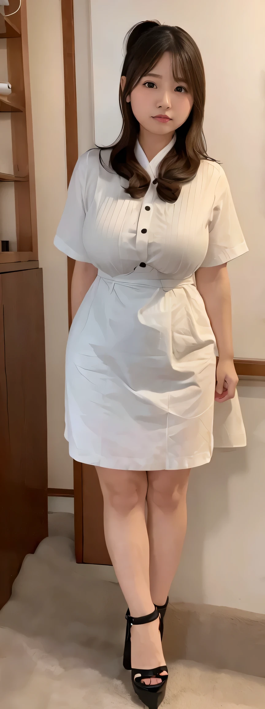 Japanese maid, Mature Woman, ((A little chubby, Round face, About 40)), Wavy black hair with no bangs, Long Hair, Twin ponytail, Flashy makeup, Fuller lips, Sexy Gaze, uniform, ((dressing)), Looking into the camera, Low angle shooting, Cute duck mouth,((Extremely precise and accurate anatomy)), (masterpiece:1.43), Perfect Proportions, Realistic photos, Full Shot, whole body, (height: 146cm), High heels Has two legs,Has two arms、Has two legs, You need two arms))