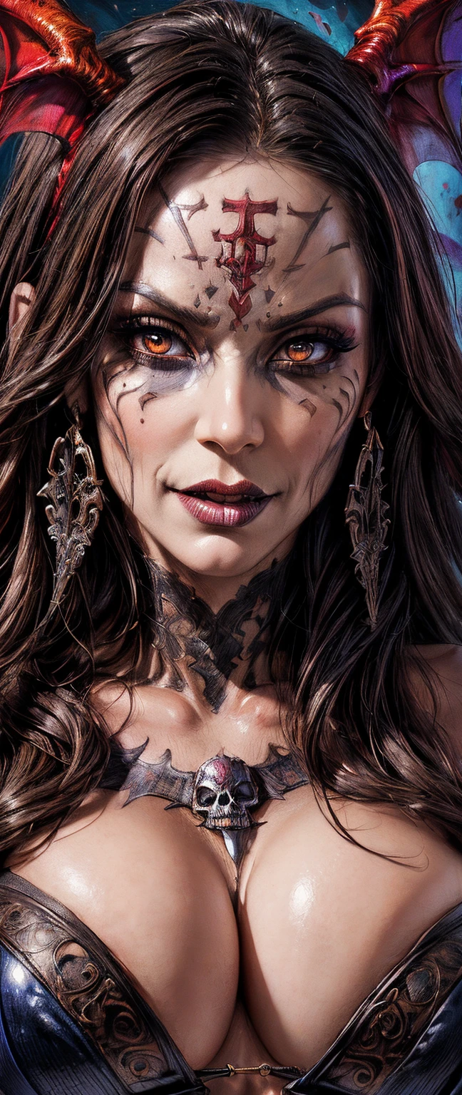 (Upper torso portrait:1.3), from below, demoness, full body portrait, kendralustlora, succubus, day of the dead facepaint and bodypaint, scary detailed art in color, aroused slutty expression, busty, curvy hips, sexy, alluring, erotic posing with open legs, lowleg panties, highly detailed fantasy art, beautiful fantasy art portrait, intricate detailed digital art, highly detailed digital painting, digital art fantasy art, mark brooks detailed, detailed fantasy digital art, amazing detail digital art, close-up portrait demoness skull, by Todd Lockwood, liquid metal girl