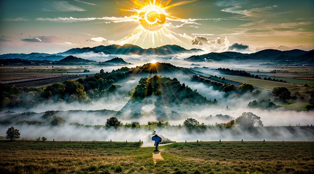a white road in the middle of a multicolored field, ((((giant sun)))),Wavy green grass, ((Tai Chi)),,An ultra-fine and detailed painting by Daren Bader, Shutterstock Contest Winner, Neoromanticism, Soft fog, Made of fog, deviantart,Fujifilm XT3,por Steve McCurry, by Alessio Albi, Por Lee Jeffries, por Herb Ritts, by Jeremy Man,Unlikely, clean, wide view, Commercial Photography
