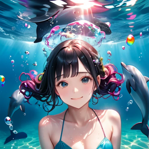 RAW Photos:1.2, masterpiece, Highest quality, 16K, Unbelievably absurd, Very detailed, Perfect beauty, Photographing beautiful dolphins from underwater、swim with lots of Dolphin,bubble,1 girl,swim,Upper Body, length, Jet-black curly hair, Blunt bangs, length sideburns, Wet Hair, Vibrant colors, Ultra-realism:1.2, Middle Chest, Rainbow bubbles, Jump sideways into the ocean, Water bubbles, The girl looks up, Secret Poses, A shy smile, Mirror Effect:1.2,Realistic、Live-action adaptation