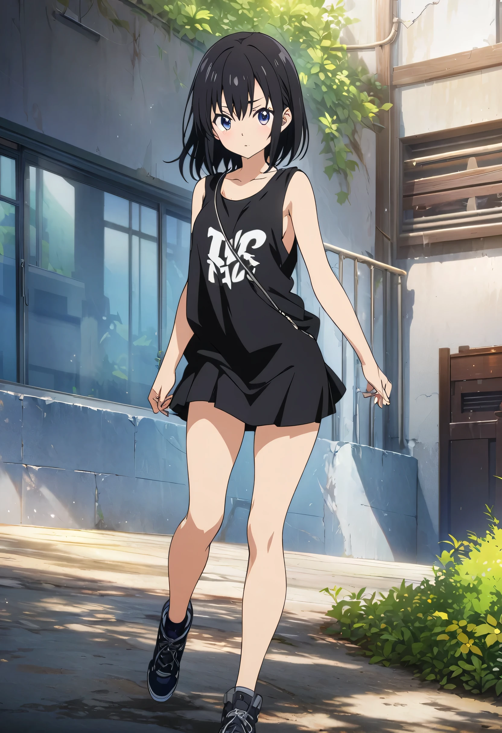 Masterpiece, Best Quality, high resolution, aawendy, wide, two tails, hair ornament, T-shirt, High waist skirt, skirt with straps, street, SMILE, Open mouth, cowboy shot