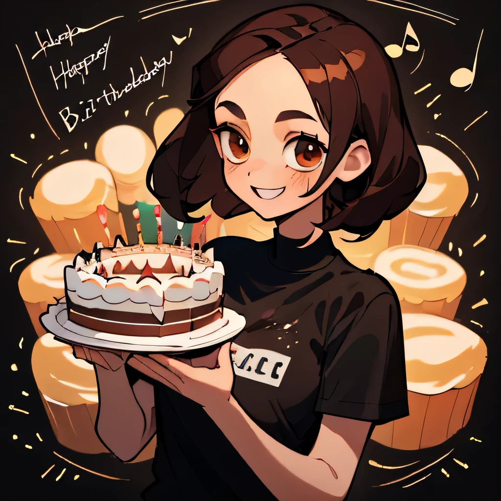 (Highest quality, masterpiece), One Girl,black t-shirts,Upper Body, A background with scattered musical notes, View your audience,A medium hairstyle with a center part that shows off your forehead ,Black Hair,brown hair tips,Happy smile,A big birthday cake on the table in front of me,((The person celebrating々))
