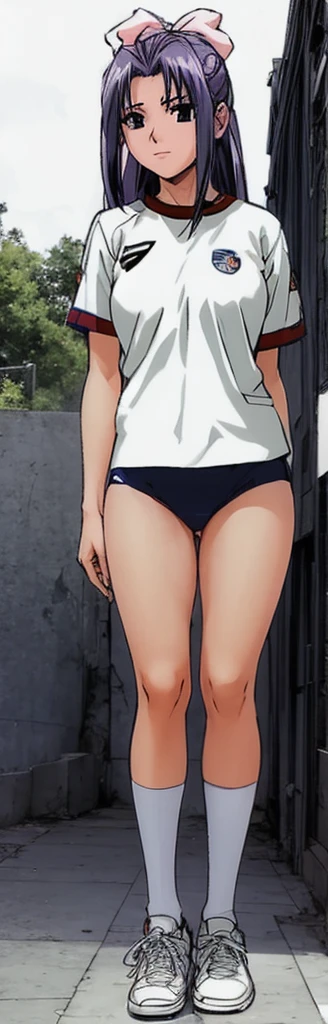 Momoko Koigakubo, a tall girl with beautiful legs, is wearing white gym clothes and light-colored navy blue bloomers that look like panties, and is standing at an angle with her legs spread to the sides.。I'm sitting。