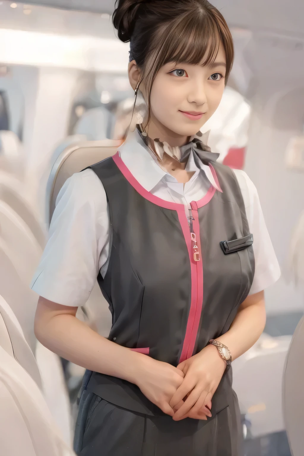 (masterpiece:1.2, Highest quality:1.2), 32k HDR, High resolution, (alone、1 girl)、(On the roof of a building、Professional Lighting)、daytime background、(Realistic style of JR Gran Class crew uniform)、Short sleeve blouse、a scarf around the neck、(JR Gran Class flight attendant uniform with pink parts on the skirt sleeves)、(The uniform of the flight attendants of JR Gran Class has a pink line on the front zipper of the vest.)、There are no pink lines on the uniform skirts of flight attendants in JR Gran Class、Dark brown hair、(Hair tied up、Chignon)、Dark brown hair、Long Shot、Big Breasts、((Great hands:2.0)),((Harmonious body proportions:1.5)),((Normal limbs:2.0)),((Normal finger:2.0)),((Delicate eyes:2.0)),((Normal eyes:2.0)))、Luxury earrings、smile、Beautiful standing posture,