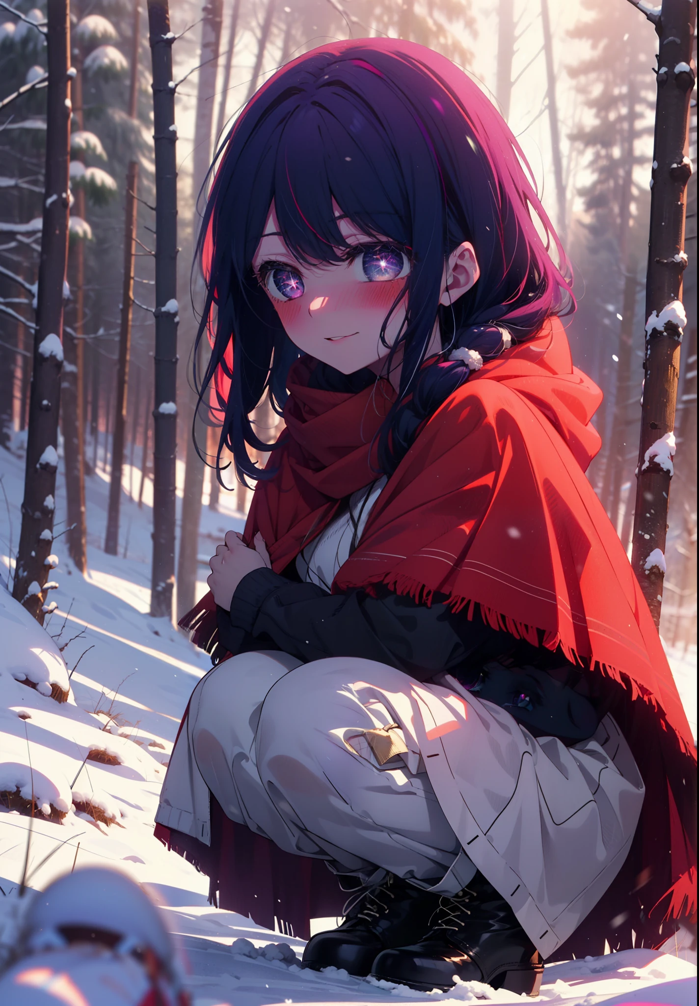 aihoshino, Ai Hoshino, Long Hair, bangs, (Purple eyes:1.1), Purple Hair, (Symbol-shaped pupil:1.5), smile,,smile,blush,white breath,
Open your mouth,snow,Ground bonfire, Outdoor, boots, snowing, From the side, wood, suitcase, Cape, Blurred, , forest, White handbag, nature,  Squat, Mouth closed, Cape, winter, Written boundary depth, Black shoes, red Cape break looking at viewer, Upper Body, whole body, break Outdoor, forest, nature, break (masterpiece:1.2), Highest quality, High resolution, unity 8k wallpaper, (shape:0.8), (Beautiful and beautiful eyes:1.6), Highly detailed face, Perfect lighting, Extremely detailed CG, (Perfect hands, Perfect Anatomy),