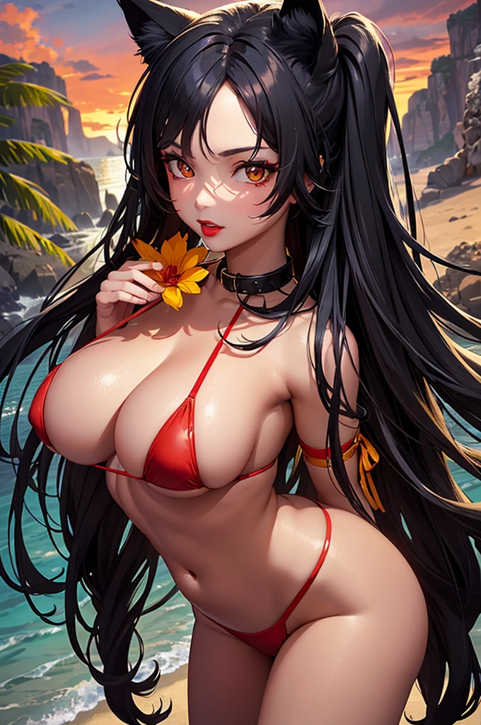 Detailed facial details，16 years old，1 girl，Red lips，Cat ear，Black long hair，Wearing a flaming red and yellow bikini，Large Breasts，Slim，collar，Radiant Skin，Standing on the beach，flower，Small Island，Dense forest，Rainforest