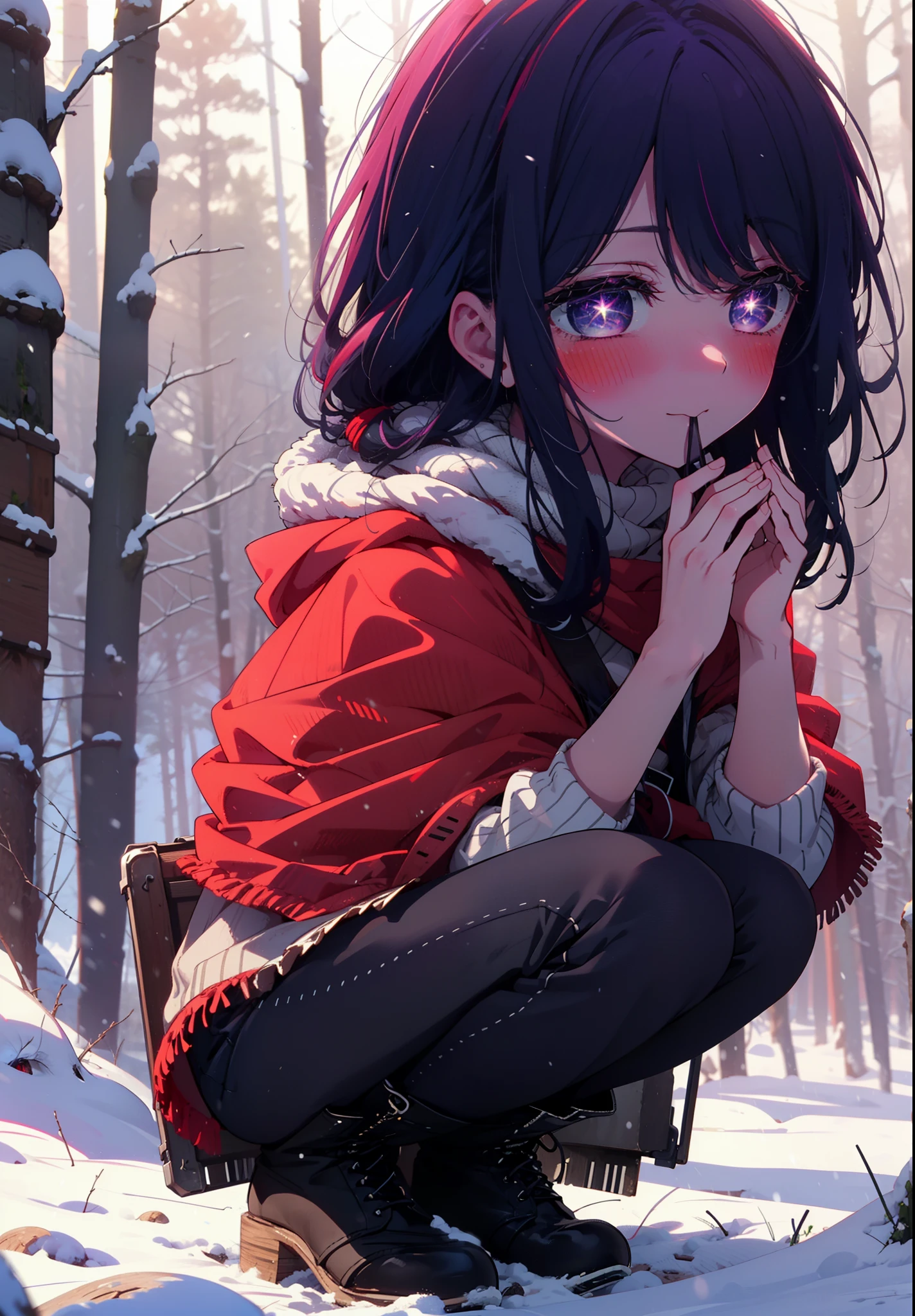 aihoshino, Ai Hoshino, Long Hair, bangs, (Purple eyes:1.1), Purple Hair, (Symbol-shaped pupil:1.5), smile,,smile,blush,white breath,
Open your mouth,snow,Ground bonfire, Outdoor, boots, snowing, From the side, wood, suitcase, Cape, Blurred, , forest, White handbag, nature, Squat, Mouth closed, Cape, winter, Written boundary depth, Black shoes, red Cape break looking at viewer, Upper Body, whole body, break Outdoor, forest, nature, break (masterpiece:1.2), Highest quality, High resolution, unity 8k wallpaper, (shape:0.8), (Beautiful and beautiful eyes:1.6), Highly detailed face, Perfect lighting, Extremely detailed CG, (Perfect hands, Perfect Anatomy),