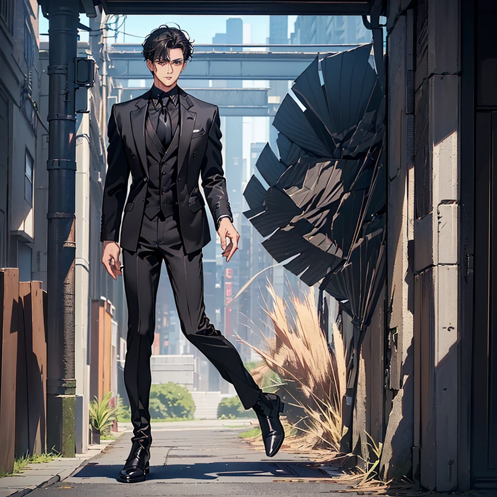 1male, solo, street background, cold stare, hazel eyes, masterpiece, best quality, highly detailed,((suit, black jacket, black pants, black suit, blue shirt, tight shirt, fancy suit, business suit, very open shirt)), ((Leatherboots, militaristic boots, black boots)), short wavy hair, dark hair, ((upper body:1.5)), ((full body:1.5)), ((front view:1.5))