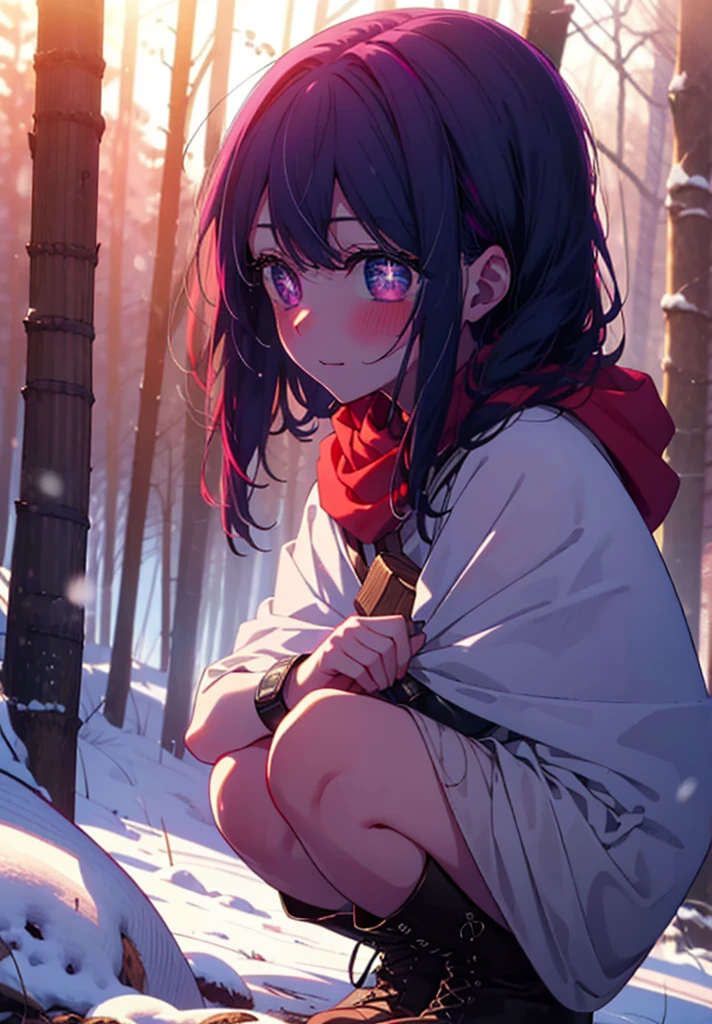 aihoshino, Ai Hoshino, Long Hair, bangs, (Purple eyes:1.1), Purple Hair, (Symbol-shaped pupil:1.5), smile,,smile,blush,white breath,
Open your mouth,snow,Ground bonfire, Outdoor, boots, snowing, From the side, wood, suitcase, Cape, Blurred, , forest, White handbag, nature, Squat, Mouth closed, Cape, winter, Written boundary depth, Black shoes, red Cape break looking at viewer, Upper Body, whole body, break Outdoor, forest, nature, break (masterpiece:1.2), Highest quality, High resolution, unity 8k wallpaper, (shape:0.8), (Beautiful and beautiful eyes:1.6), Highly detailed face, Perfect lighting, Extremely detailed CG, (Perfect hands, Perfect Anatomy),
