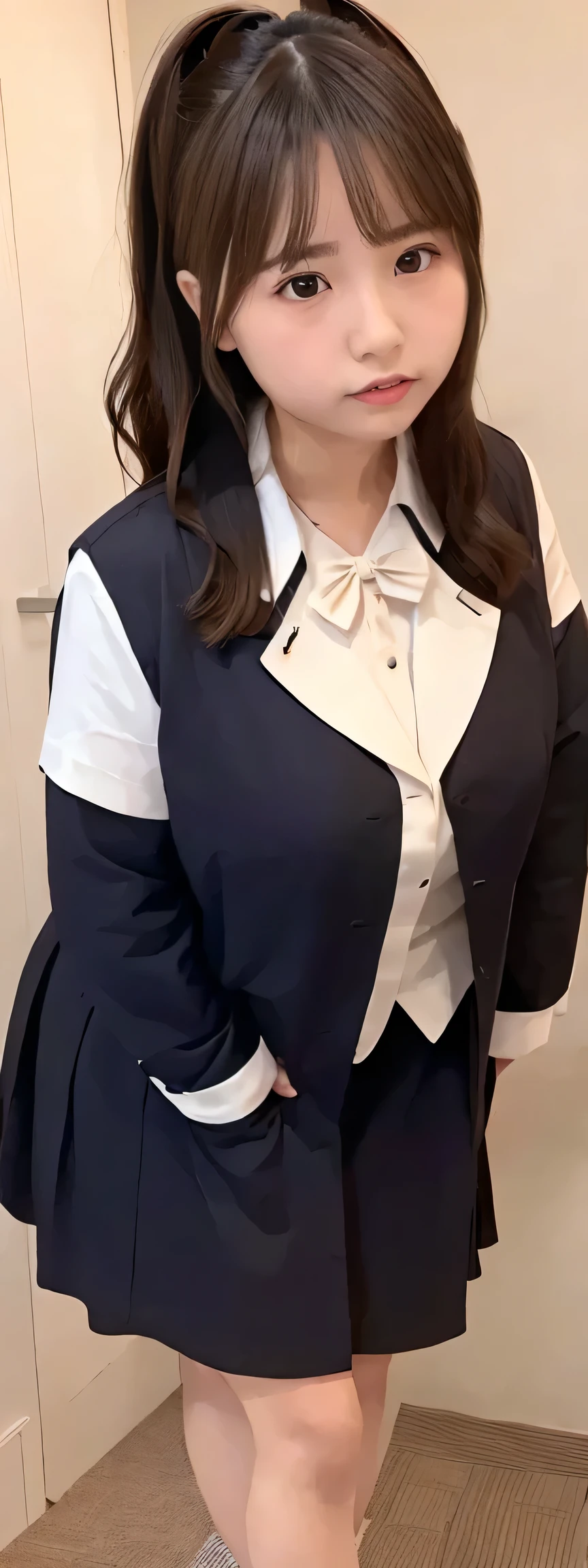 Japanese maid, Mature Woman, ((A little chubby, Round face, About 40)), Wavy black hair with no bangs, Long Hair, Twin ponytail, Flashy makeup, Fuller lips, Sexy Gaze, uniform, ((dressing)), Looking into the camera, Low angle shooting, Cute duck mouth,((Extremely precise and accurate anatomy)), (masterpiece:1.43), Perfect Proportions, Realistic photos, Full Shot, whole body, (height: 146cm), High heels Has two legs,Has two arms、Has two legs, You need two arms))