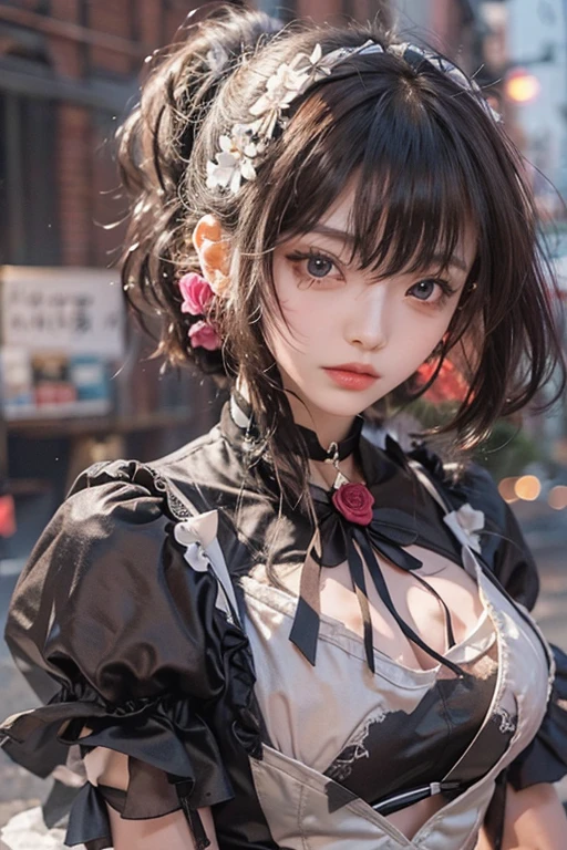 ((Upper Body))、((One Girl))、(20th Generation)、((Very short hair))、((Straight bangs))、((Black-haired))、(Take in the view)、Gothic ta、((Black maid outfit))、(Eye patch for left eye)、(Realistic:1.2)、In 8K、(High Quality Shadows)、Beautiful and delicate face、Beautiful and delicate eyes、Cute K-pop Idol、(The Face of Ulzan in Korea)、(Urzan-6500-v1.1:0.6)、Glowing Eyes、Perfect body、Natural color reproduction、((Strong light))、Bright red lipstick、(choker)、((Brown eyes))、Shiny Hair、Description of beautiful and delicate hair、(Glowing Skin)、(night)、Japanese、(dark alley between buildings)、Street lamp、Shoulder Bare、Small red rose tattoo on the décolletage、Just one tattoo