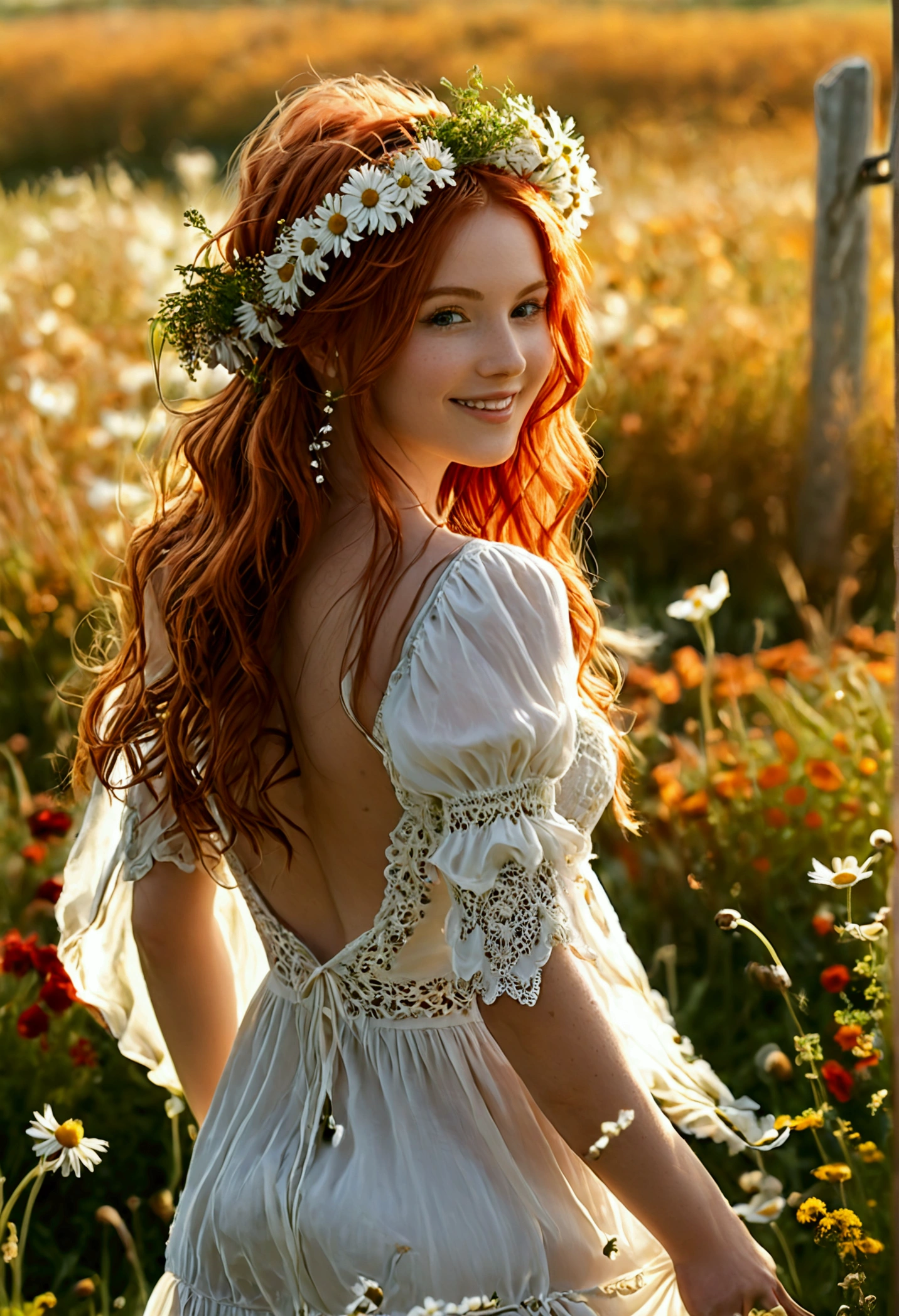 (full body shot:1.7) photorealistic image of a (walking pose:1.1) woman, ultra realistic, photography, long red hair, girl, 24 years old, hourglass figure, perfect body, Flirty look, natural medium breasts, blur background, walking through a field of daisies towards the camera, wearing a long white dress, wearing a flowercrown, smiling, sunny day, sunshine