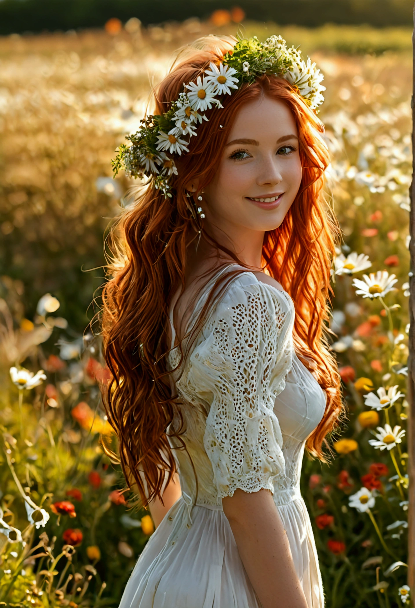 (full body shot:1.7) photorealistic image of a (walking pose:1.1) woman, ultra realistic, photography, long red hair, girl, 24 years old, hourglass figure, perfect body, Flirty look, natural medium breasts, blur background, walking through a field of daisies towards the camera, wearing a long white dress, wearing a flowercrown, smiling, sunny day, sunshine