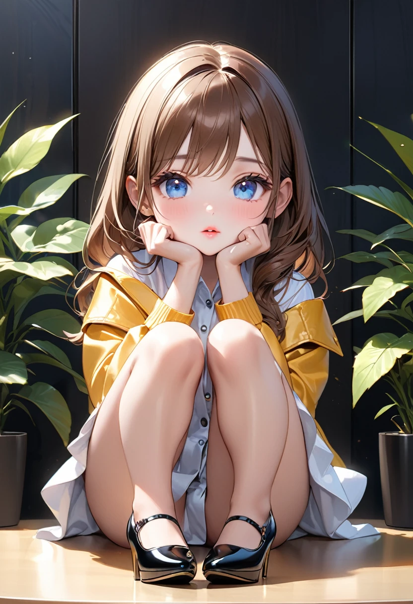 Highest quality, masterpiece, Ultra-high resolution, Realistic:1.2, RAW Photos, Intricate details, Portraiture, Big beautiful blue eyes:1.2, Perfect contours, Girl, break ((full body:1.2, facing viewer, upturned eyes:1.2)), ((petite, short, tiny girl:1.2)), Brown Hair、Long Hair, (makeup:1.2, parted mouth, full lips:1.3, pink lips:1.2, shiny lips:1.2), ((Top notch receptionist:1.2)), (Light yellow jacket、Luxurious white silk shirt:1.2, Luxury high heels), BREAK ((He is sitting on the reception desk with his chin resting on his hands.、I kill time by kneading little slimes with my hands.:1.2)), ((The background is the reception desk of a top company., Stylish desk、Modern walls、Foliage plant))、