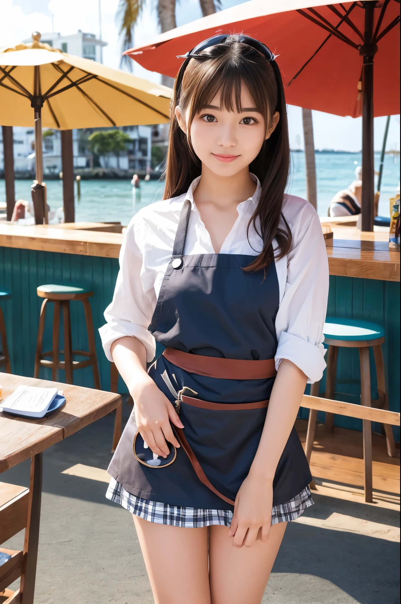 20 years old girl (Japanese pretty face) is wearing white apron, mini skirt at the beach bar