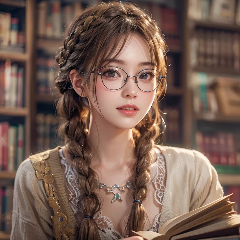 librarian、Clean look、White blouse、Tight Skirt、Glasses(masterpiece:1.3), (8k, Realistic, RAW Photos, Best image quality: 1.4), Japanese 、26 years old,(Random Hairstyles:1.2)、Cleavage:1.2、Highly detailed face、Attention to detail、double eyelid、Chest to chest、Sharp focus:1.2、Beautiful woman:1.4、Light brown hair、Highest quality、masterpiece、Ultra-high resolution、(Realistic:1.4)、Highly detailed and professionally lit smiles、She is looking for a book、Braiding、Remember