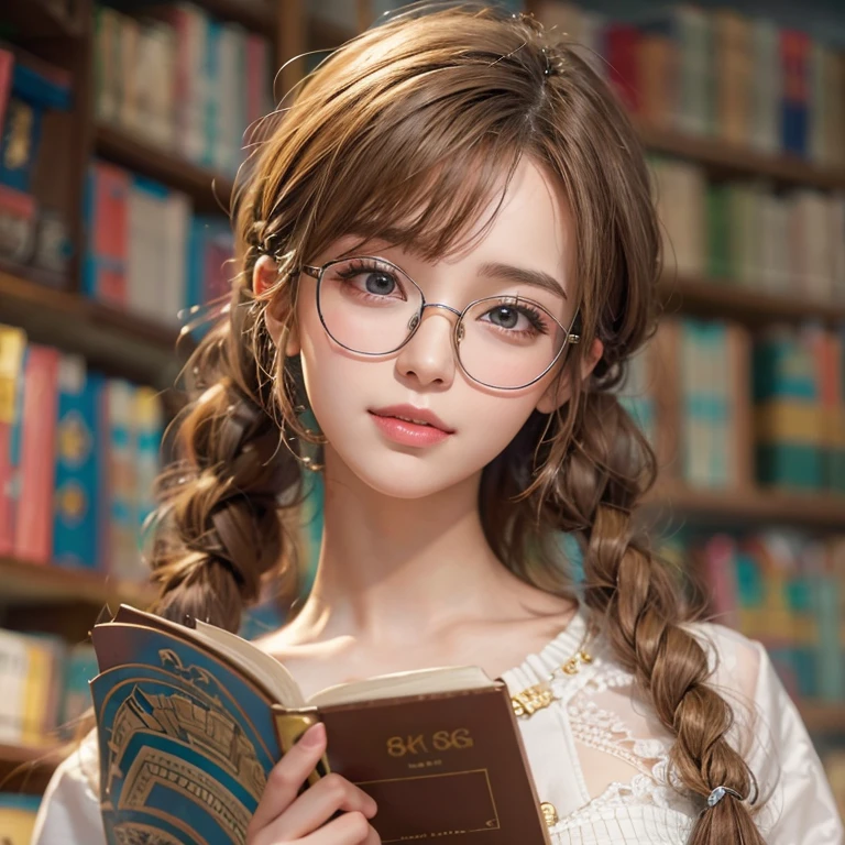librarian、Clean look、White blouse、Tight Skirt、Glasses(masterpiece:1.3), (8k, Realistic, RAW Photos, Best image quality: 1.4), Japanese 、26 years old,(Random Hairstyles:1.2)、Cleavage:1.2、Highly detailed face、Attention to detail、double eyelid、Chest to chest、Sharp focus:1.2、Beautiful woman:1.4、Light brown hair、Highest quality、masterpiece、Ultra-high resolution、(Realistic:1.4)、Highly detailed and professionally lit smiles、She is looking for a book、Braiding、Remember