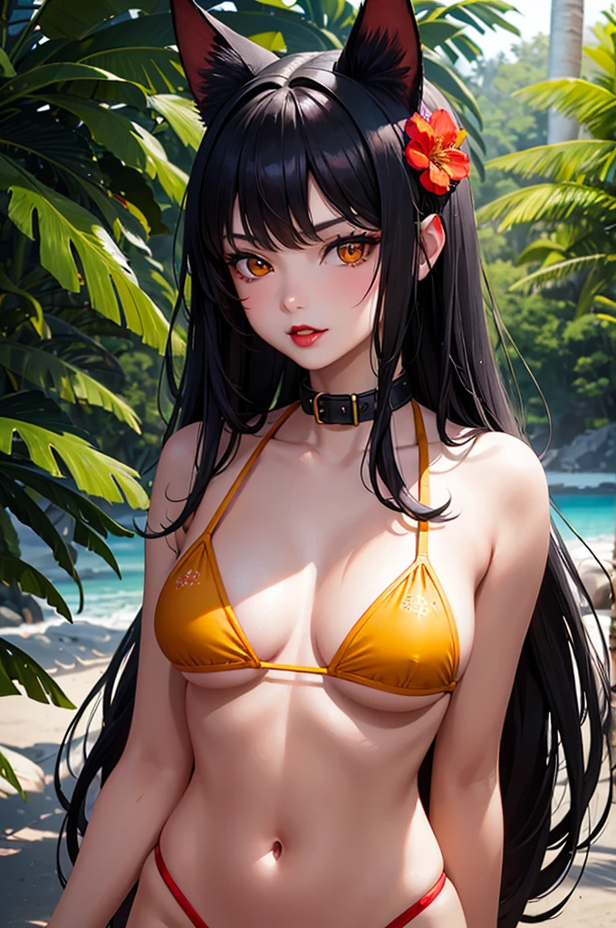 Detailed facial details，16 years old，1 girl，Red lips，Cat ear，Black long hair，Wearing a flaming red and yellow bikini，Large Breasts，Slim，collar，Radiant Skin，Standing on the beach，flower，Small Island，Dense forest，Rainforest