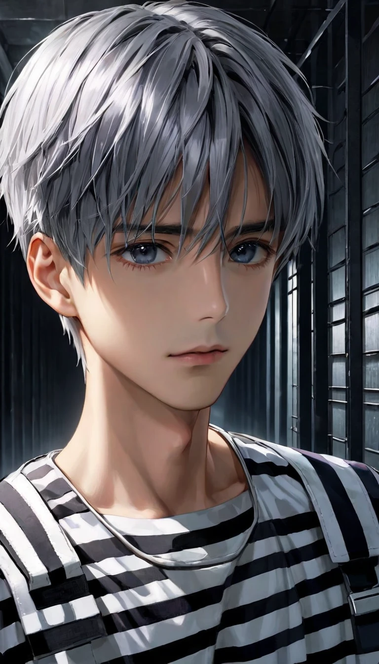 (8k, RAW photos, best quality, masterpiece: 1.4), (((Boy examining himself)))，Ultra-high resolution, Extremely detailed, Dim Lights, Upper body close-up, handsome boy, black eyes, (delicate eyes, Eyes are bright:1.2), Gray short hair, Fair skin,dark, Black and white striped prison uniform,Black and white striped prison pants,(perfect anatomy:1.2), High-quality shadows, Natural Lighting, (White highlights:1.2), night, cloudy day, (Dimly lit cells:1.2), (Metal walls all around:1.2)