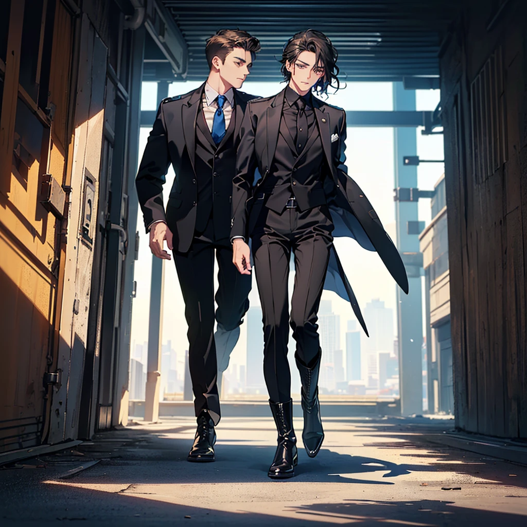 1male, solo, street background, cold stare, hazel eyes, masterpiece, best quality, highly detailed,((suit, black jacket, black pants, black suit, blue shirt, tight shirt, fancy suit, business suit, very open shirt)), ((Leatherboots, militaristic boots, black boots)), short wavy hair, dark hair, ((upper body:1.5)), ((full body:1.5)), ((front view:1.5))
