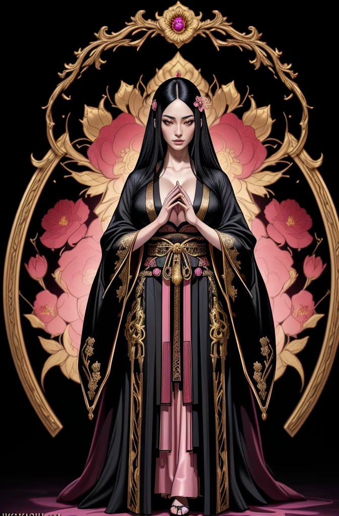 A beautiful young Japanese woman, alchemist, wearing a black flowing robe, intricate black hair, embroidered pink flower, full body shot, ornate gold accents, (best quality,4k,8k,highres,masterpiece:1.2),ultra-detailed,(realistic,photorealistic,photo-realistic:1.37),portrait,fantasy,dark,dramatic lighting