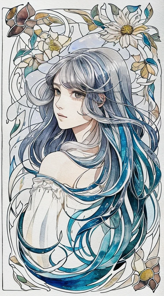 Playing with the tides,shook, Split Color Hair, Wind, 舞い散るflowerびら, Stained Glass AI, decorative, Intricate details, Dukhkova, 2D, Line art, watercolor, ink watercolor, Random color hair, Super long hair, Wavy, One girl,old,flower, old,