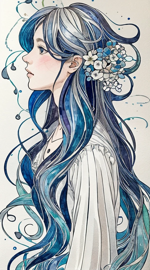 Playing with the tides,shook, Split Color Hair, Wind, 舞い散るflowerびら, Stained Glass AI, decorative, Intricate details, Dukhkova, 2D, Line art, watercolor, ink watercolor, Random color hair, Super long hair, Wavy, One girl,old,flower, old,