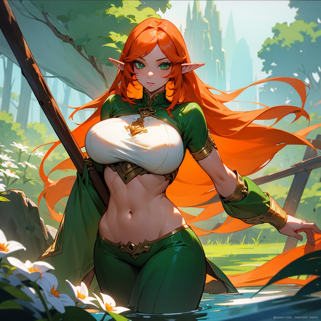 An elf with long orange hair,green eyes and a physique with big breasts and hips.In a lake full of flowers