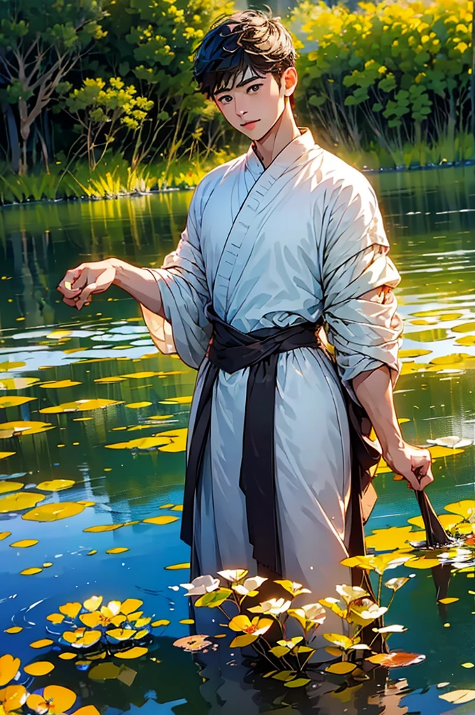 (in 8K、top-quality、​masterpiece:1.2)、1 boy、short-haired、Hair short、Brown-skinned、Green View、